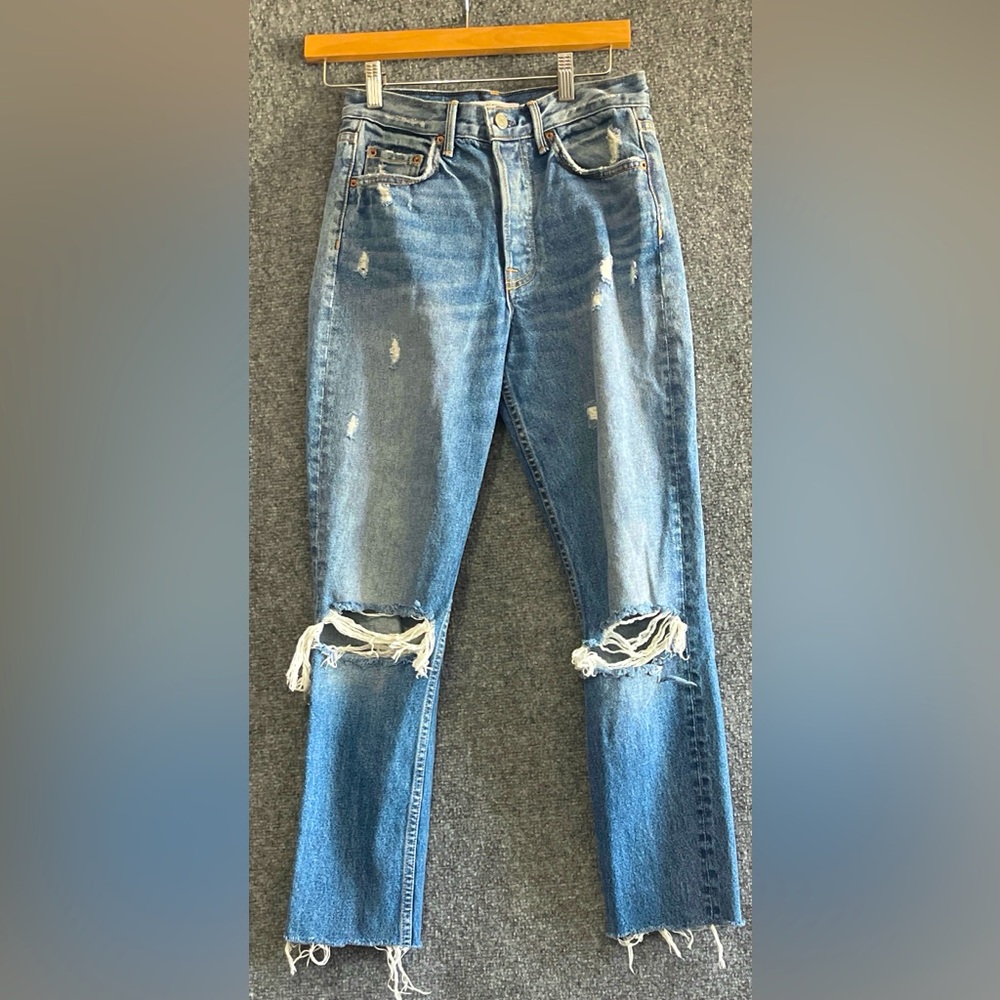 Grlfriend Karolina 26 Jeans High Rise Button Fly Skinny Destroyed Blue